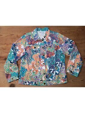 Vtg Bend Over Jacket Womens Plus 16W Multicolor Paisley Denim Trucker Stretch